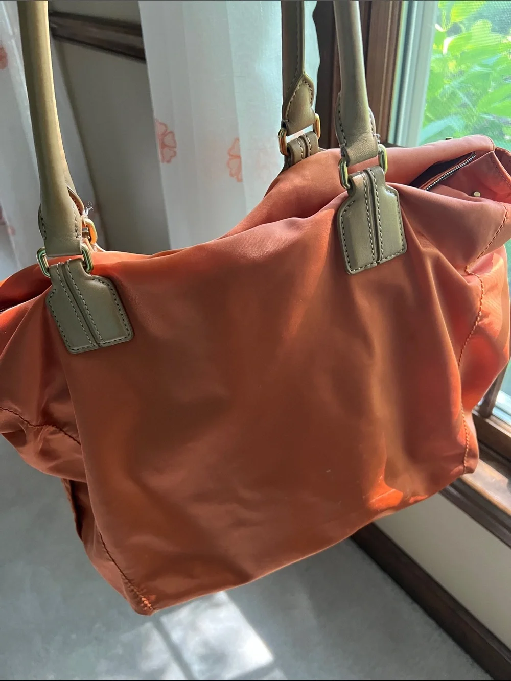 Tumi Orange Nylon Tote with Tan Leather Handles. Pre owned.